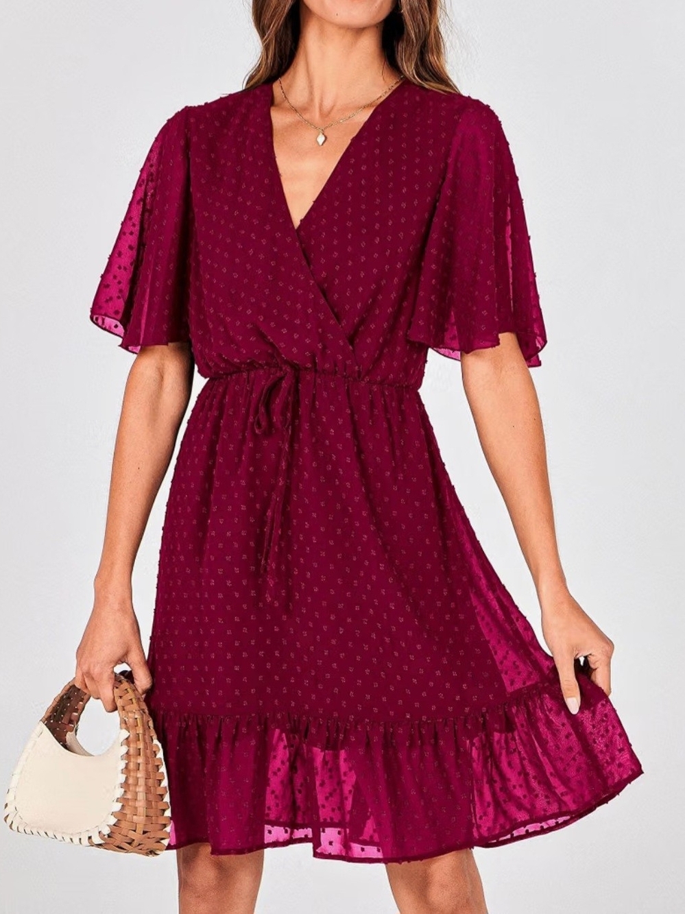 KIRUNDO NWT Burgundy Swiss Dot Flutter Sleeve Dress - Large